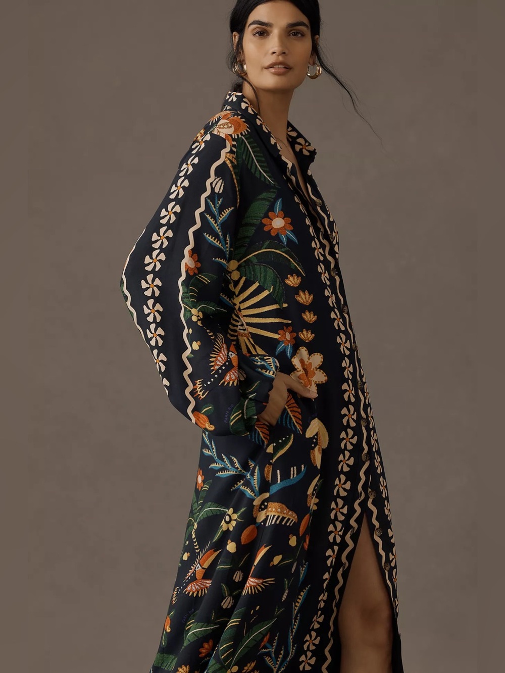 Farm Rio X Anthropologie Floral Long-Sleeve Button-Front Midi Shirt Dress - Picture 2 of 14